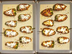 two pictures of stuffed peppers on a baking sheet with grated cheese and other toppings