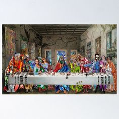 a group of people sitting at a long table with the last supper on it poster