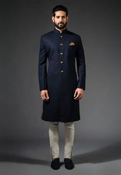 blue and gold sherwani , elegant sherwani , elgant bandhgala , high neck silk sherwani , minimalistic Wedding Suits For Groom, Designer Tuxedo, Costume Noir, Men's Ethnic Wear