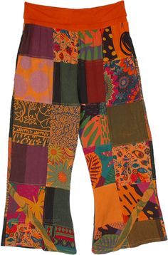 A boho style in cotton patchwork pants that are enviro-friendly with its recycled patchwork design.  The colors are bright and reflect the autumn vibes in orange, brown, and green in solids, stripes and floral. #tlb #SplitSkirtsPants #Patchwork #XLPlus #Pocket #Yoga #vacationclothing #beachwrap #Fall #Floral #Printed #PlussizeHippiePants #XLPatchworkCottonPants #XXLSummerPants #XXLBohoPants Brown Patchwork Summer Pants, Brown Patchwork Pants For Summer, Summer Brown Patchwork Pants, Hippie Patchwork Bottoms For Fall, Hippie Style Cotton Pants For Fall, Multicolor Patchwork Bottoms For Fall, Fall Multicolor Patchwork Bottoms, Colorful Cotton Patchwork Bottoms, Multicolor Cotton Pants For Fall