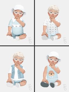 four pictures of a baby wearing glasses and sitting on the ground with his hands in his mouth