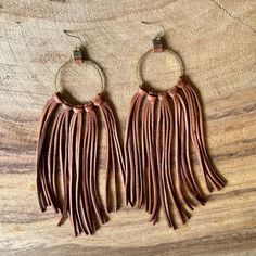 "Gorgeous tassel earrings in silky soft deer lace and sterling silver. Drop from top of earring to bottom is 6\". These have 5 knotted tassels instead of 7, so there's a little less width - for those who like the look but prefer less under the ear! These are hand-cut and knotted with the softest deer leather lace I could find. Every detail was considered - even the deer lace loops attaching the hammered bronze hoops to the ear wires. There simply is no better. These are way better than stiff lea Deer Hide, Cotton Necklace, Country Chic Wedding, Bronze Earrings, Bridal Party Gifts, Great Christmas Gifts, Leather Lace, Chic Wedding, Tassel Earrings