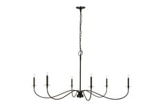 a black chandelier with six lights hanging from it's center and four arms