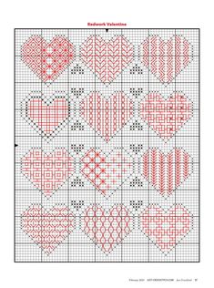 a cross stitch pattern with hearts in red and black on the bottom, as well as two