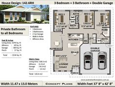 the floor plan for a 3 bedroom house with three bathrooms and two car garages