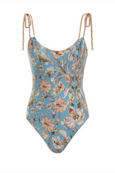 Chintz Rope Trim Scoop 1PC Placement Print, Blue Daisy, Women's Swimwear