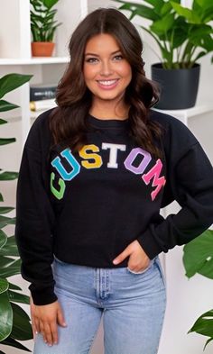 Custom made chenille letter crewneck sweatshirt. You can add a phrase, name, or initials in a variety of colors. Can be made with 2 different letter sizes: 2.1" or 3.1". Perfect gift for bridal party, bachelorette party shirts, or mother's day gift. Also great custom shirt for sports teams. Can choose from crewneck sweatshirt or short sleeve chenille t shirt.  Need this ASAP? see bottom of listing for rush order link PLEASE READ THE FOLLOWING INFO: These letters are applied with a heat press. So Customizable Varsity Sweatshirt For Fall, Crew Neck Sweatshirt With Letter Patch For Streetwear, Customizable Varsity Crew Neck Sweatshirt, Trendy Crew Neck Sweatshirt With Custom Embroidery, Casual Sweatshirt With Custom Text For College, Streetwear Crew Neck Sweatshirt With Letter Patch, Personalized Crew Neck Casual Sweatshirt, Casual Black Sweatshirt With Custom Text, Personalized Casual Crew Neck Sweatshirt