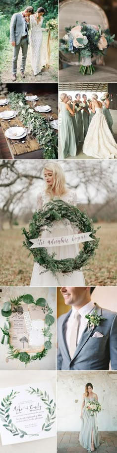 a collage of wedding photos with greenery