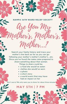 the mother's day flyer is shown with pink flowers and green leaves on it