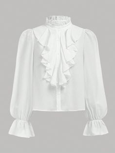 Teen Girls' White See-Through Chiffon Textured Woven Shirt With 3D Lace Collar And Dramatic Ruffled Hem, Elegant Princess Style Back To School Long Sleeve Blouse White Casual  Long Sleeve Woven Fabric Plain Shirt Non-Stretch  Teen Girls Clothing, size features are:Bust: ,Length: ,Sleeve Length: Pirate White Shirt, Howls Cosplay, Shein Blouse, Stand Collar Shirt, White Ruffle Blouse, Frilly Blouse, Sheer White Blouse, Princess Shirt, Classic White Shirt