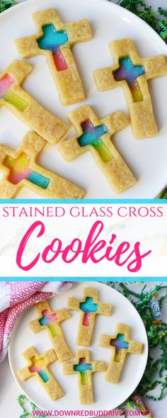 homemade stained glass cross cookies on a white plate