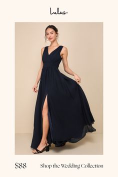 a woman in a long blue dress with the words shop the wedding collection on it