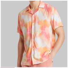 Great For Men Casual Wear It Is Men's. Great Button-Down Collar, Short Sleeve Mixed With Yellow, Orange, White, And Pink Colors. Orange Summer Shirt With Button Closure, Orange Button Closure Shirt For Summer, Casual Yellow Collared Camp Shirt, Yellow Collared Short Sleeve Shirt For Spring, Yellow Casual Shirt With Camp Collar, Casual Yellow Shirt With Camp Collar, Casual Orange Shirt With Spread Collar, Yellow Camp Collar Top With Button Closure, Yellow Tops With Button Closure And Camp Collar