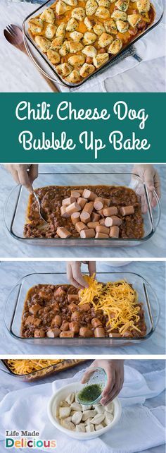 three pictures showing how to make chili cheese dog bubble up bake