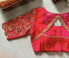 Hand embroidered ready made saree blouse / crop top/stitched saree blouse usa/saree blouse/hand embroidered blouse/zardosi blouse/magenta pink saree blouse/ pure silk blouse/ maggam work blouse       It is very true that a perfect blouse is the one which makes your saree look stand out !! If you find one of such a style that you have been wanting to have then dont let it go !! we carry such unique trending blouses that instantly add a stylish look to any saree !!     Well..!! we understand that you may not get in your desired size/pattern, here you go with customization according to your size/pattern which we can deliver in 1 week of time period !!      Here is a beautiful Hand embroidered saree blouse in pink color that has heavy hand embroidery on sleeves and cut out neck at the back wit Handwork Kundan Saree, Festive Handwork Embroidered Top For Wedding, Festive Embroidered Top With Handwork For Wedding, Zardosi Blouse, Embroidery Blouse Saree, Hand Embroidery Blouse, Pink Saree Blouse, Ready Made Blouse, Maggam Blouse