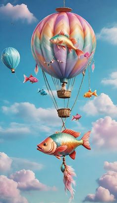 a group of fish floating on top of a hot air balloon in the sky with clouds