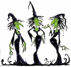 three witches in black and green outfits