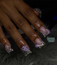 Purple And Silver Nails, Poppin Nails, Junk Nails, Acrylic Toe Nails, Acrylic Nail Set, Hard Nails, Duck Nails, Aesthetic Nails, Colored Acrylic Nails