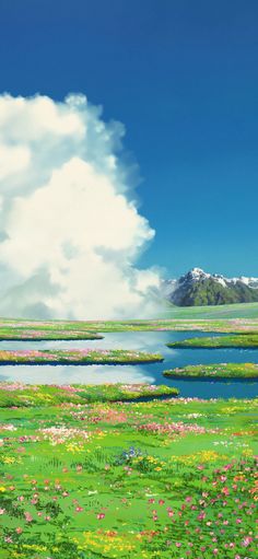 a painting of flowers and water in the middle of a field with mountains in the background