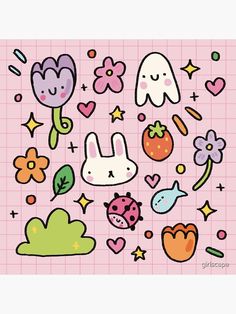 various stickers on a pink background with flowers and other things in the shape of animals