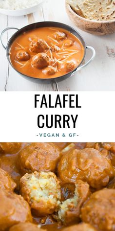 a plate full of meatballs and sauce next to bread on a table with the words falafel curry