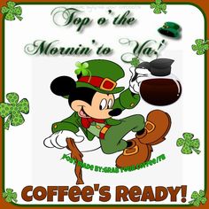 an image of a cartoon character holding a coffee pot and wearing a lepreite hat