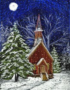 a painting of a church in the snow at night with trees and moon behind it