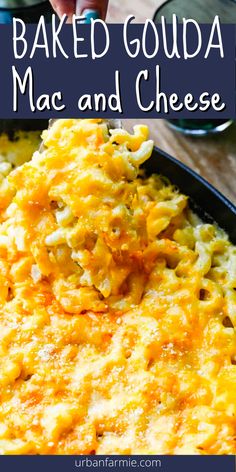 baked goulash mac and cheese in a pan with text overlay that reads baked goulash mac and cheese