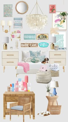 a collage of furniture and decor in pastel colors, including a bed, dresser, mirror, lamp, table, and other items