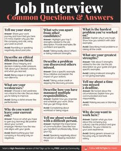 a job interview poster with the words common questions and answers in red letters on it