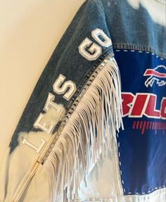 Basketball Game Outfit Women, Jean Patches, Jean Designs, Basketball Game Outfit, Jacket Diy, Bills Mafia, Game Outfit, Embellished Clothing, Diy Jacket