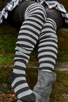 Super Stripes - What happens when you cross  M Stripes  with  Super Ms  and add a little elastic to the legs?  Super Stripes of course!   We tried them and liked them, hopefully you will too!*  Made in the USA. Striped Thigh High Socks, Thigh Socks, Grey Ankle Boots, Comfy Socks, Thigh High Socks, Face Cloth, Wide Stripes, Striped Socks, Thigh High