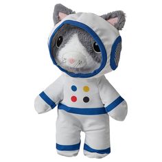 a stuffed animal with an astronaut outfit on it's head and eyes, sitting in front of a white background