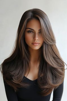 Brown long layered hair offers a timeless and elegant look. The layers add volume and movement, creating a soft, flowing effect that enhances the natural richness of the brown tones. Volume Haircut For Long Hair, Medium Length Haircut With Long Layers And Face Framing, Long Dark Brown Hair Layers, Long Haircut Women Straight, Deep Side Part Long Hair, Long Layered Blowout Hair, Side Part With Long Layers, Big Layers Long Hair, Long Layered Haircuts With Curtain Bangs Fine Hair