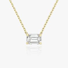 Solitaire Necklace in Yellow Gold | 0.75ct Carat Emerald Cut VRAI Created Diamond Emerald Necklaces, Solitaire Diamond Necklace, Solitaire Necklace, Modern Engagement Rings, Diamond Solitaire Necklace, Solid Gold Chains, Solitaire Necklaces, Emerald Necklace, Solitaire Diamond