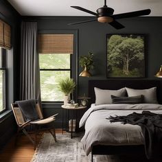 a bedroom with black walls and wooden floors