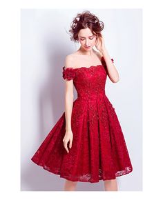 Shop affordable red a-line off-the-shoulder short lace formal dress with beading online. Custom-made any size or color. Pro since 2009. Red Fitted Off Shoulder Dress For Wedding, Red Fitted Off Shoulder Wedding Dress, Red Lace Dress For Prom, Elegant Red Off-shoulder Dress For Wedding, Elegant Red Off Shoulder Wedding Dress, Elegant Red Off-shoulder Wedding Dress, Cocktail Dress Bride, Short Dress Lace, Flower Cocktail Dress