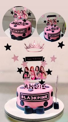 a pink birthday cake decorated with photos and the words blackpink written on it