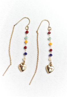 Gold Heart---Womens Multicolored Earrings---Unique Gift for Her-- Handmade Jewelry These earrings are handmade in Lancaster Pa -- I make them all from my small shop. I can also do custom styles/sizes.   Please message me with additional questions or comments. 14k Gold Filled Threader Earrings As Gift, Handmade Dangle Threader Earrings As Gift, Heart Dangle Earrings As Gift, Nickel-free 14k Gold Filled Threader Earrings As Gift, Gold Dangle Jewelry With Heart Beads, Elegant Handmade Heart Earrings For Everyday, Elegant Multicolor Heart Earrings For Gift, Elegant Multicolor Heart Earrings Gift, Dangle Heart Charm Earrings For Gifts