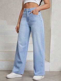 Jean Pants Women, Women Boyfriend Jeans Outfits, Blue Wash Jeans Outfit, Off White Jeans Outfit Women, Wide Leg Pants For Women, Light Blue Jeans Outfit Casual, Light Blue Jeans Outfit Women, Pants For Women Jeans, Celana Jins Wanita