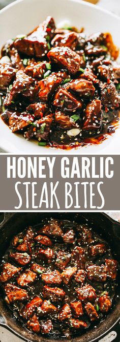 honey garlic steak bites in a cast iron skillet with text overlay that reads honey garlic steak bites