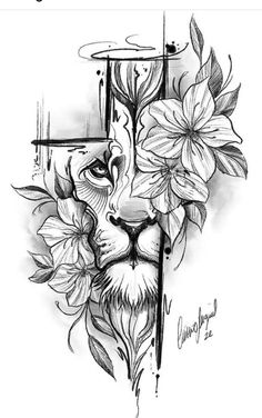 a drawing of a lion with flowers on it's face and the cross in the background