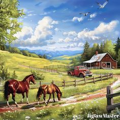 two horses walking down a dirt road near a barn and farm with a truck in the background