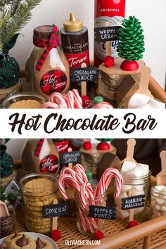 hot chocolate bar with candy canes, cookies and marshmallows