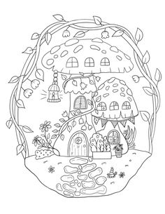 a drawing of a house with trees and flowers on the outside, in black and white