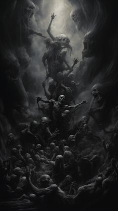 a black and white image of a demonic demon surrounded by skulls in the night sky