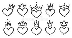 hearts with crowns drawn in black ink on white paper royalty illustration