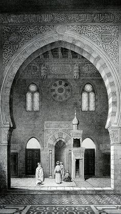 an old drawing of two people sitting in front of a building with arches and windows