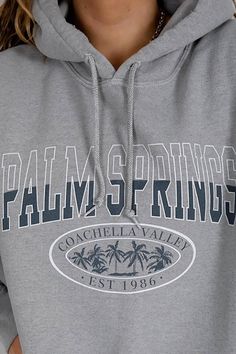 Drawstring Hood 'Palm Springs' front embroidery Pouch pocket Drop shoulders Ribbed cuffs Oversized fit Spring Leisure Hoodie With Pockets, Spring Hoodie With Kangaroo Pocket For Leisure, Spring College Sweatshirt With Drawstring Hood, Indie Hoodie, Big Hoodie, Embroidery Pouch, Hoodies Cute, Cute Hoodies, Hoodies Graphic