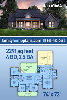 two story house plan with 2 beds and 3 baths